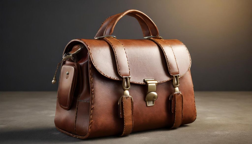 Skórzana torba na szarym tle.