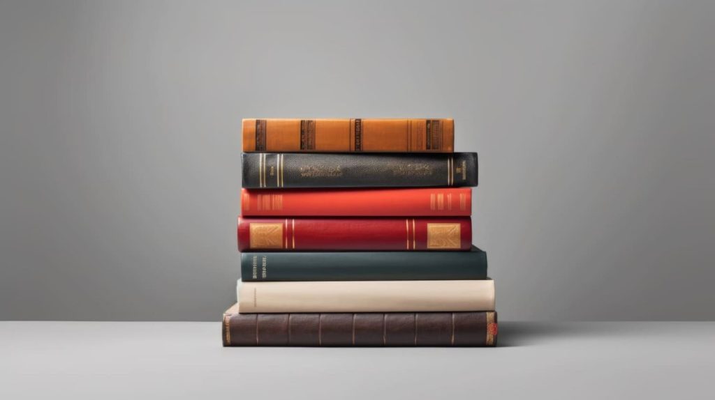 Stos książek na szarym tle.