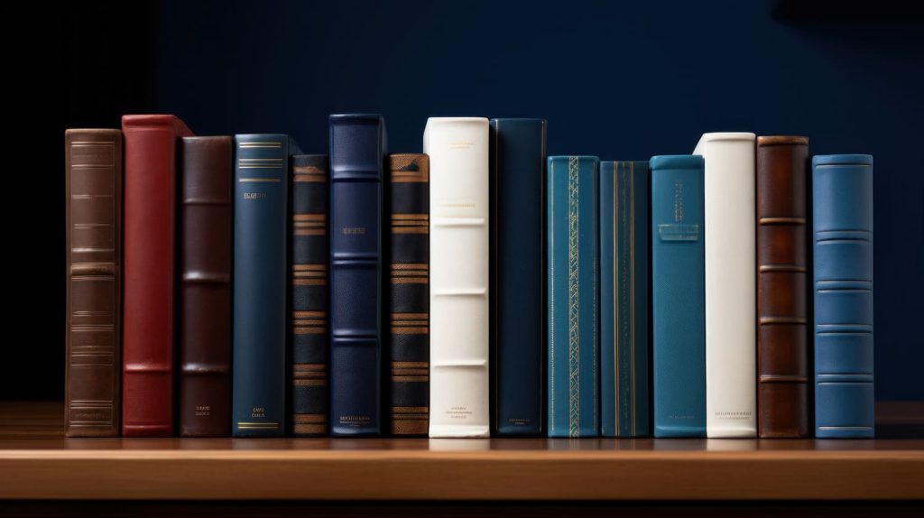 Rząd książek na drewnianym stole.