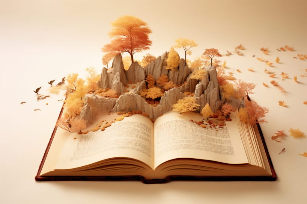 Otwarta książka z drzewami i liśćmi.