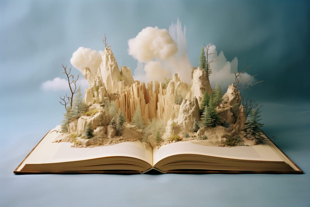 Otwarta książka z górami i drzewami na niej.