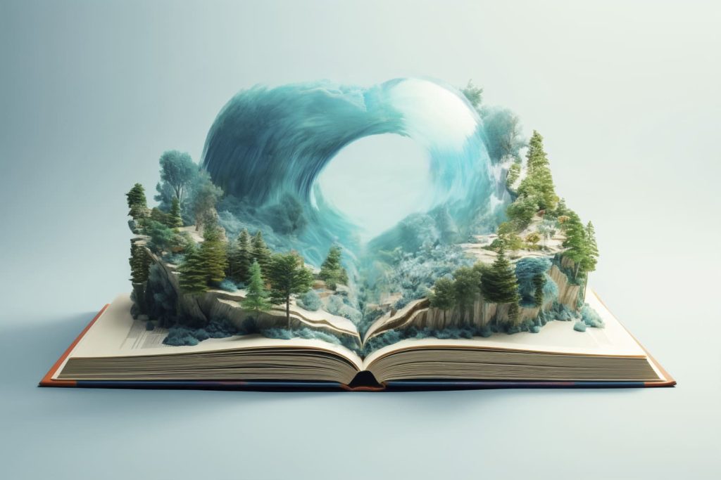 Otwarta książka z trójwymiarową ilustracją krajobrazu z drzewami i falą tworzącą kształt okręgu na środkowych stronach.