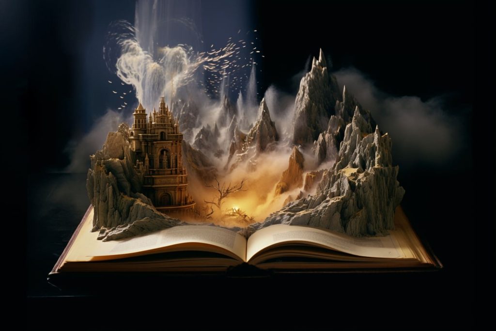 Fantastyczna sceneria wyrastająca z otwartej książki, przedstawiająca gotycki zamek na skalistej górze otoczonej mrocznymi chmurami i tajemniczym światłem.